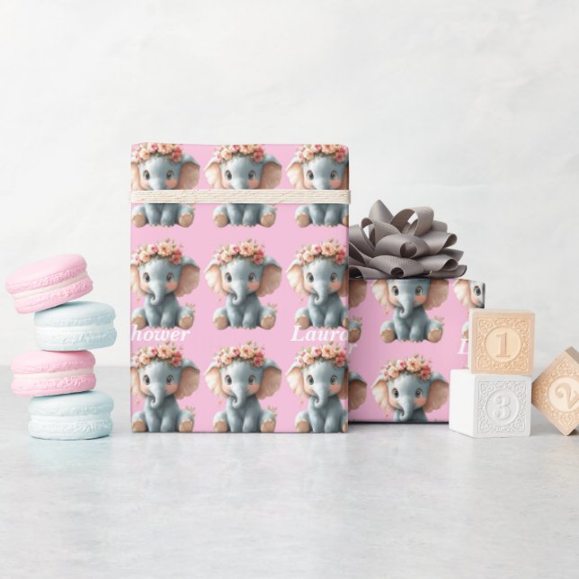 Cute Elephant Pretty Flower Baby Shower Wrapping Paper (Baby Shower)