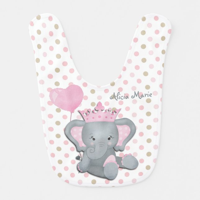 Cute Elephant Princess Girl Personalized Baby Bib (Front)
