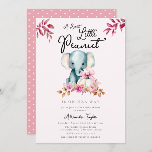 Cute Elephant Pumpkin Fall Leaves Girl Baby Shower Invitation