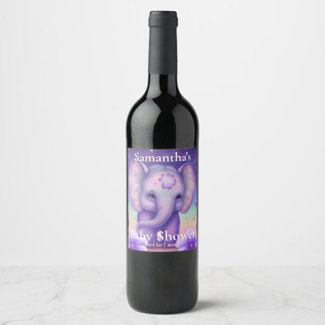 Cute Elephant purple Baby shower  Wine Label (Front)