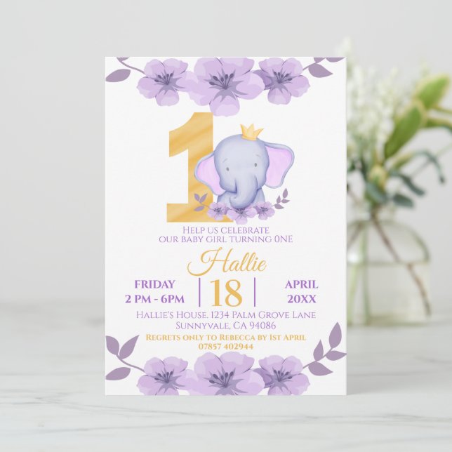 Cute Elephant Purple Floral 1st Birthday Invitation (Standing Front)
