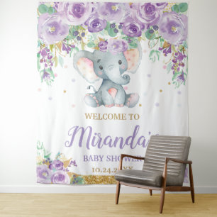 Cute Elephant Purple Floral Baby Shower Welcome Tapestry