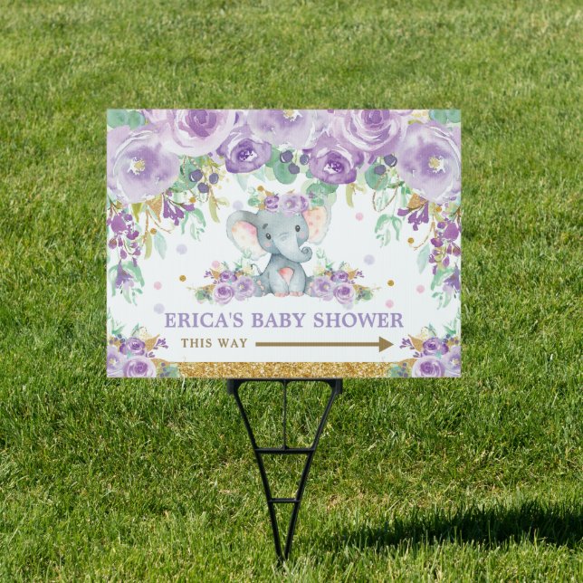 Cute Elephant Purple Floral Baby Shower Yard Sign (Insitu)