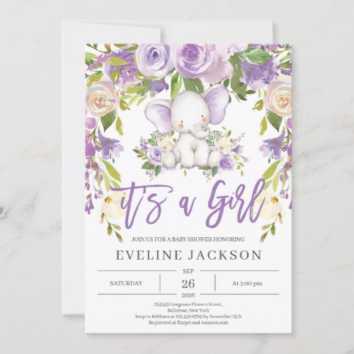 Cute elephant purple floral rustic baby shower invitation