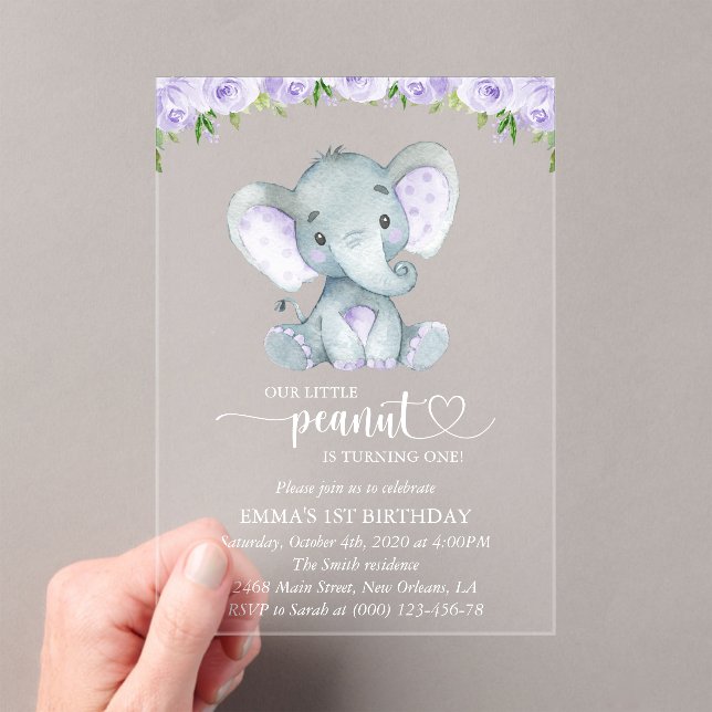 Cute Elephant, Purple Flowers, First Birthday Acrylic Invitations (Insitu (Handheld))