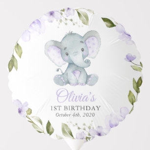 Cute Elephant, Purple Flowers, First Birthday Balloon