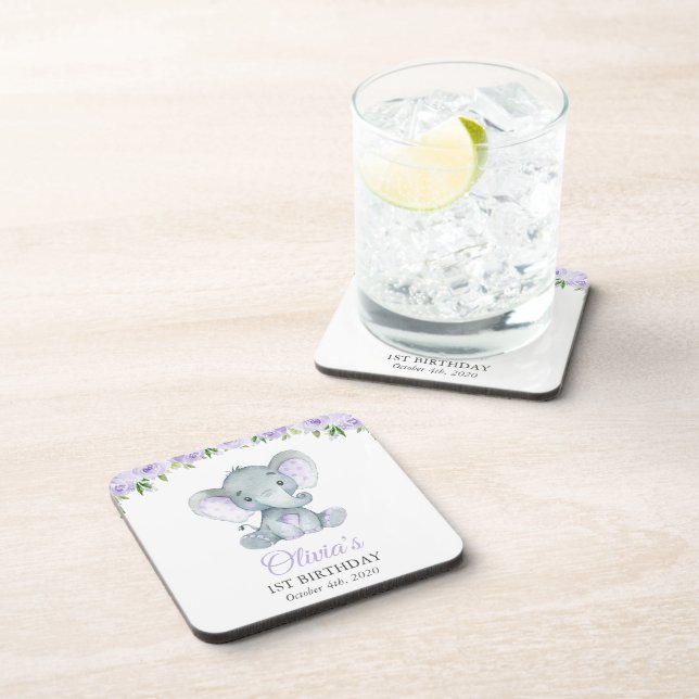 Cute Elephant, Purple Flowers, First Birthday Beverage Coaster (Right Side)