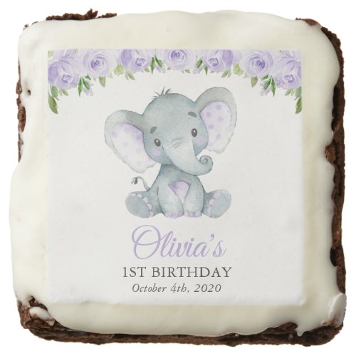Cute Elephant Purple Flowers First Birthday Brownie