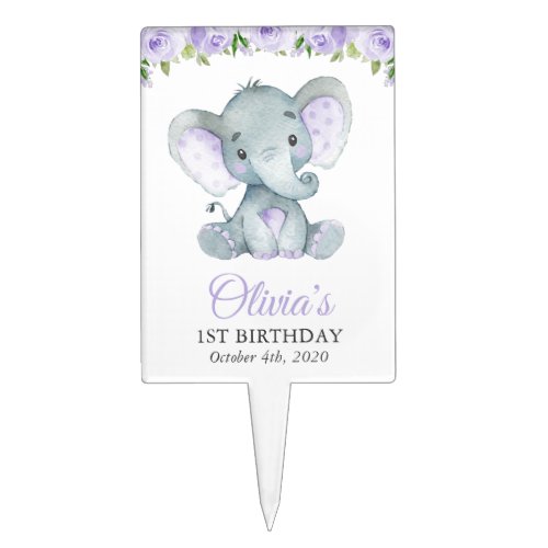 Cute Elephant Purple Flowers First Birthday Cake Topper