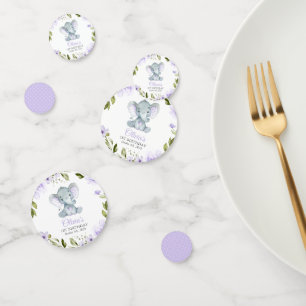 Cute Elephant, Purple Flowers, First Birthday Confetti