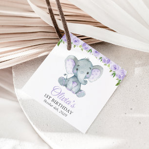 Cute Elephant, Purple Flowers, First Birthday Favor Tags