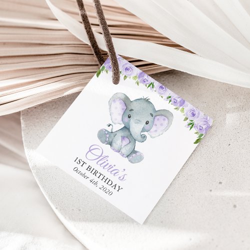 Cute Elephant Purple Flowers First Birthday Favor Tags