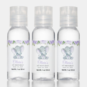 Cute Elephant, Purple Flowers, First Birthday Hand Sanitizer