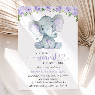 Cute Elephant, Purple Flowers, First Birthday Invitation