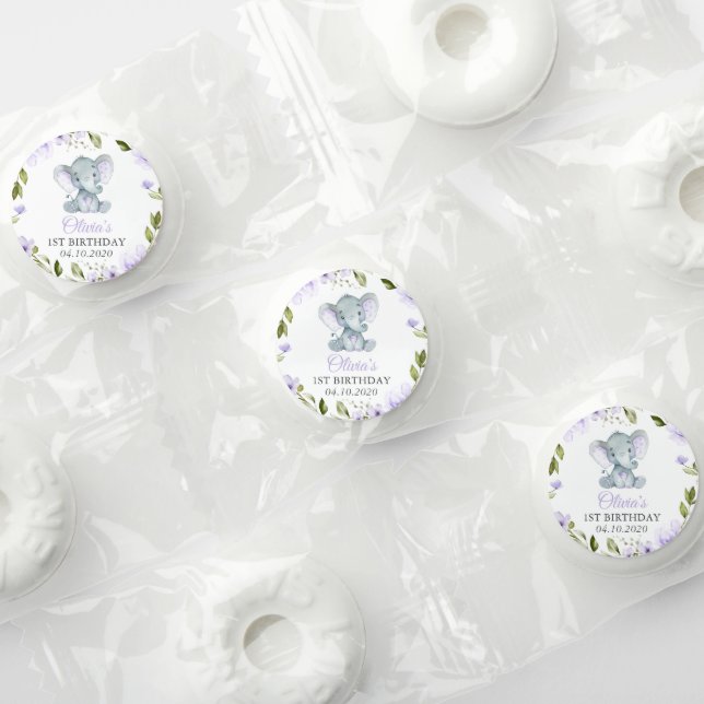 Cute Elephant, Purple Flowers, First Birthday Life Saver® Mints (Assorted)
