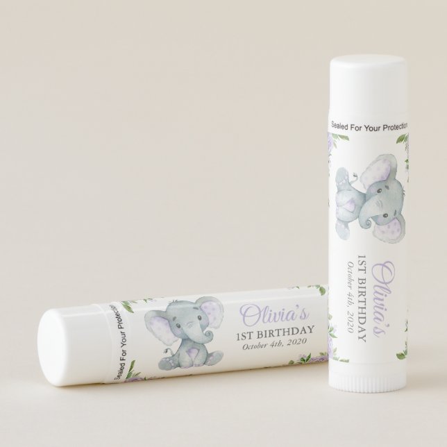 Cute Elephant, Purple Flowers, First Birthday Lip Balm (Front)