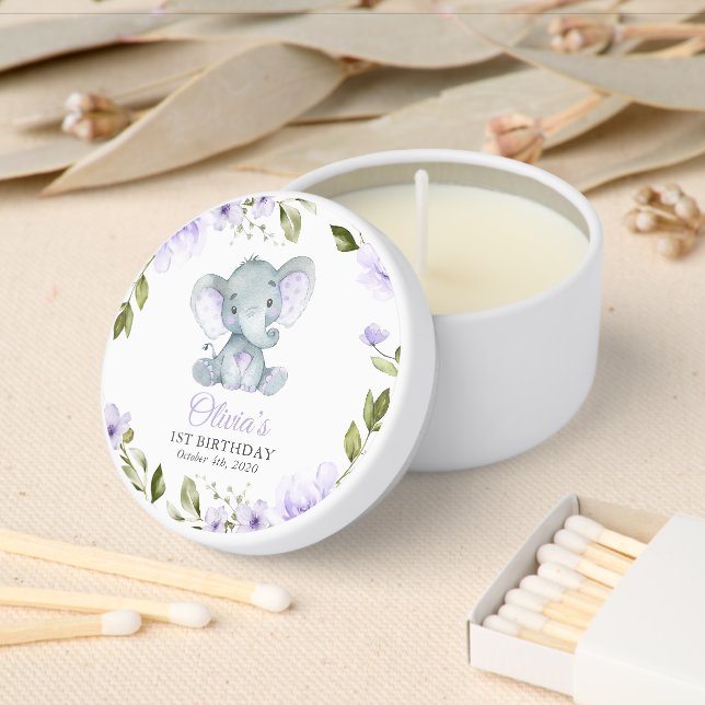 Cute Elephant, Purple Flowers, First Birthday Mini Candle Favors (Insitu)