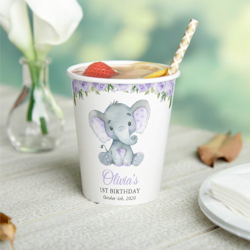 Cute Elephant Purple Flowers First Birthday Paper Cups