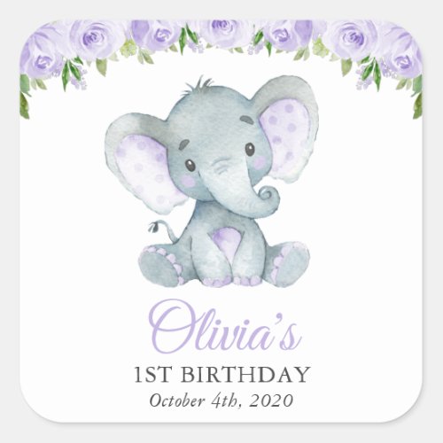 Cute Elephant Purple Flowers First Birthday Square Sticker