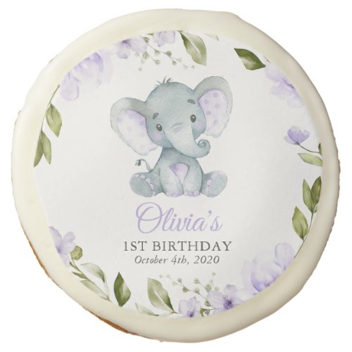 Cute Elephant Purple Flowers First Birthday Sugar Cookie