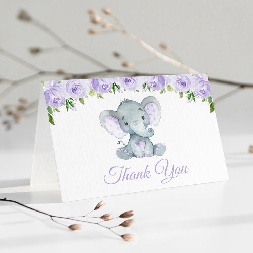 Cute Elephant Purple Flowers First Birthday Thank You Card