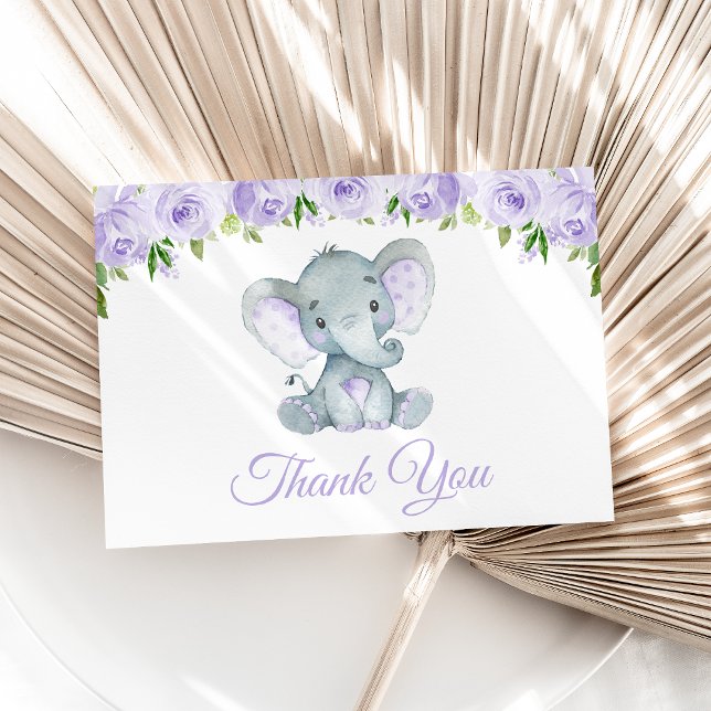 Cute Elephant, Purple Flowers, First Birthday Thank You Card (Creator Uploaded)