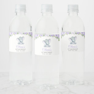 Cute Elephant, Purple Flowers, First Birthday Water Bottle Label