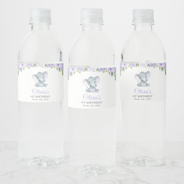 Cute Elephant, Purple Flowers, First Birthday Water Bottle Label (Bottles)