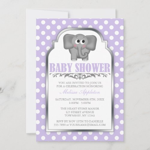 Cute Elephant Purple Polka Dot Baby Shower Invitation