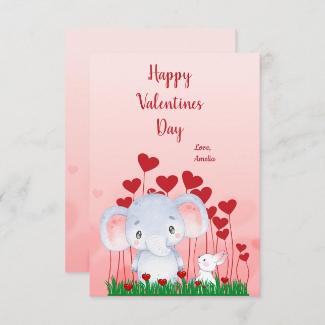 Cute Elephant Rabbit Friends Red Hearts Valentine  Card (Front/Back)