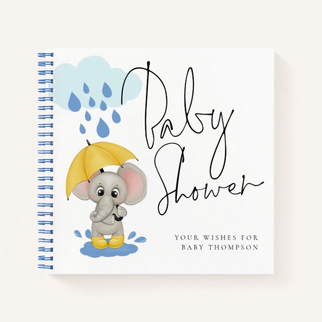 Cute Elephant Rain Baby Shower Guest Book (Front)