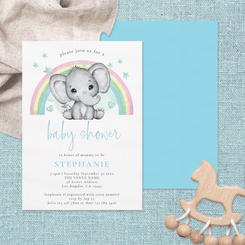 Cute Elephant Rainbow Blue Baby Shower Invitation