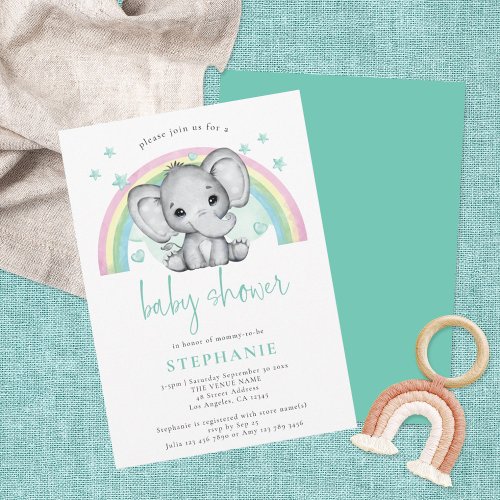 Cute Elephant Rainbow Gender Neutral Baby Shower Invitation