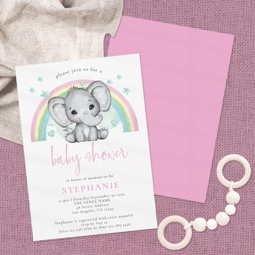 Cute Elephant Rainbow Pink Baby Shower Invitation