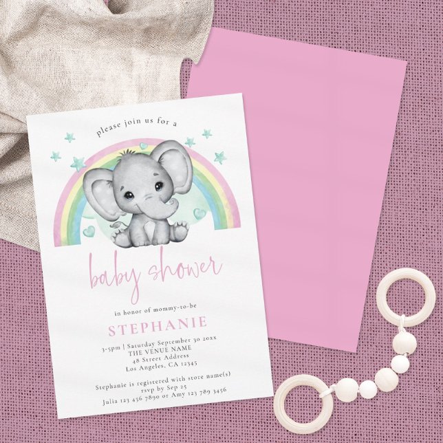 Cute Elephant Rainbow Pink Baby Shower Invitation (Creator Uploaded)
