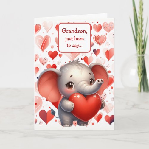 Cute Elephant Red Heart Grandson Valentine Holiday Card