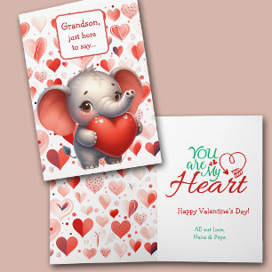 Cute Elephant Red Heart Grandson Valentine Holiday Card