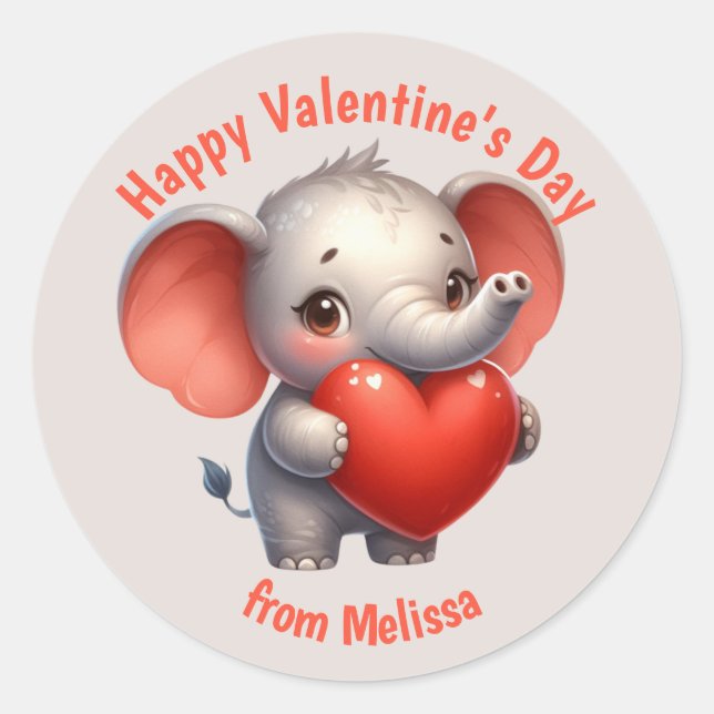 Cute Elephant Red Heart Valentine Classic Round Sticker (Front)