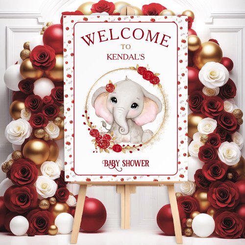 Cute Elephant Red Roses Baby Shower Welcome Sign