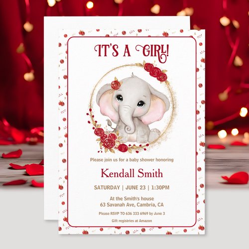 Cute Elephant Red Roses Floral Girl Baby Shower Invitation