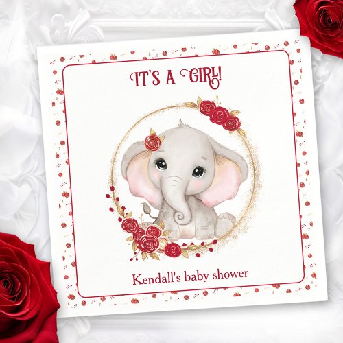 Cute Elephant Red White Gold Floral Baby Shower Napkins