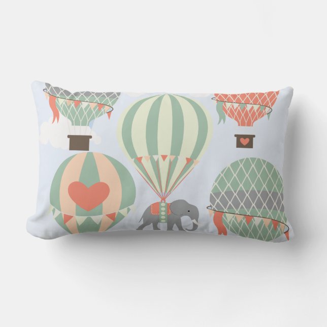 Cute Elephant Riding Hot Air Balloons Rising Lumbar Pillow (Front)