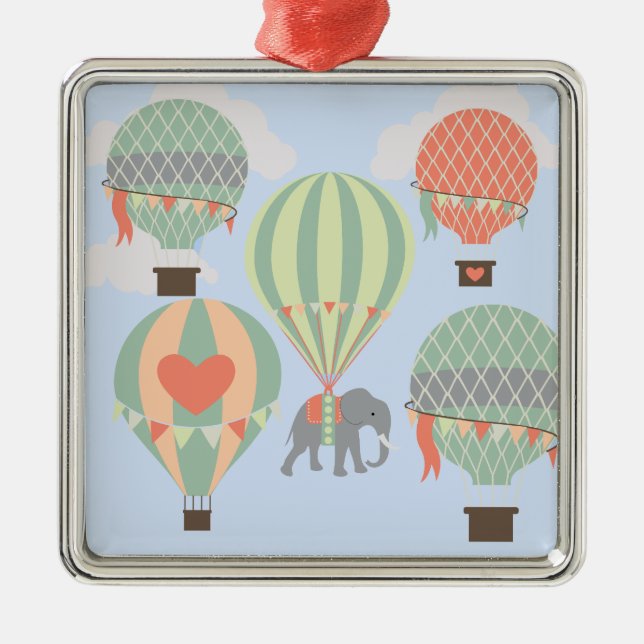 Cute Elephant Riding Hot Air Balloons Rising Metal Ornament (Front)