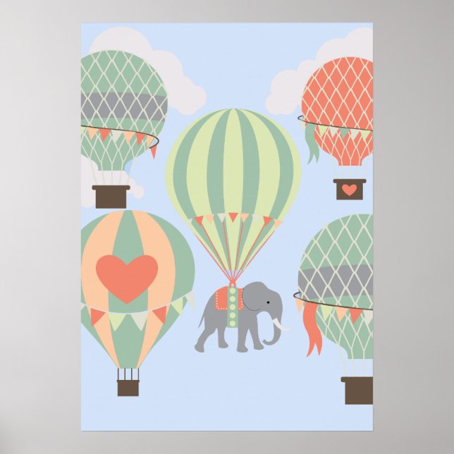 Cute Elephant Riding Hot Air Balloons Rising Poster (Front)
