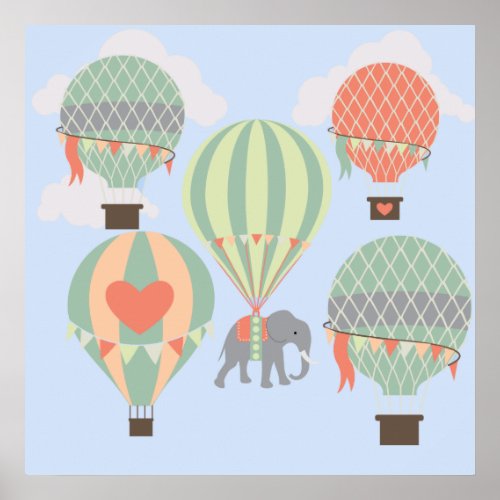 Cute Elephant Riding Hot Air Balloons Rising Poster