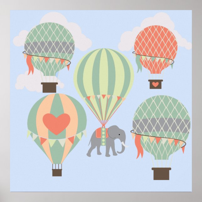 Cute Elephant Riding Hot Air Balloons Rising Poster (Front)
