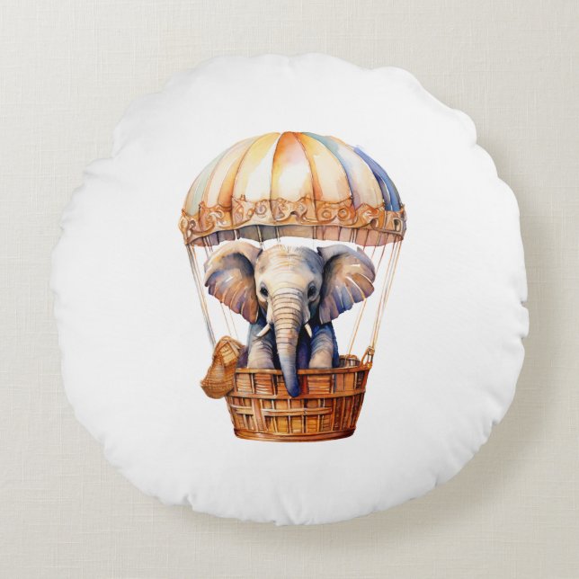 Cute Elephant Riding in a Hot Air Balloon Round Pillow (Front)