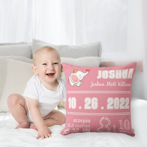 Cute Elephant Rose Pink Birth Announcement Throw Pillow