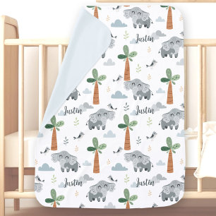 Cute Elephant Safari Wild Grey Blue Custom Name Baby Blanket