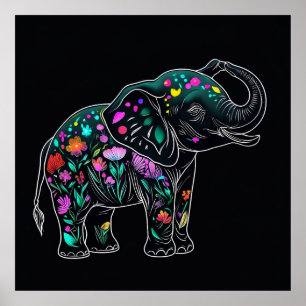 Cute Elephant Saluting with Colorful Flowers Line  Poster
